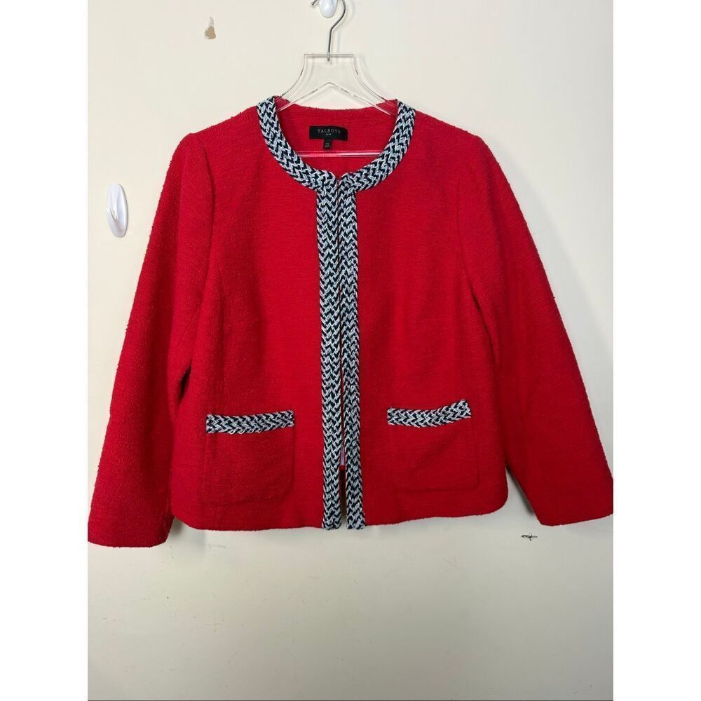 Talbots Red Tweed Open Front Cropped Blazer Jacket 14W Plus Classic Preppy Chic